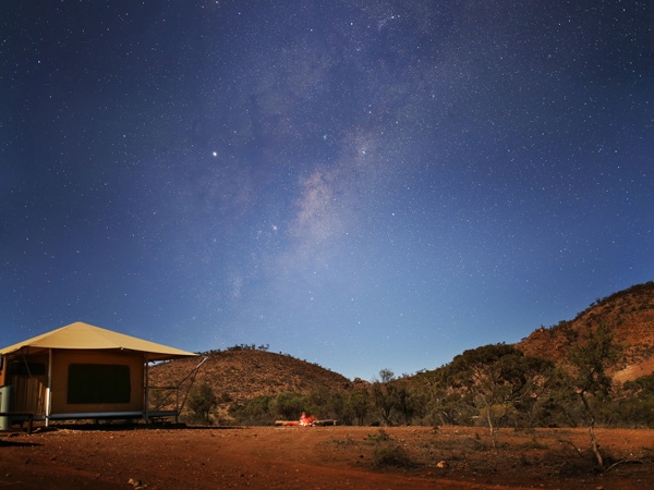 a safari tent at Flinders Bush Retreats, SA under the night sky
