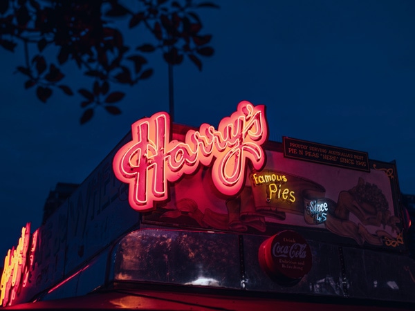 Neon sign at local pie haunt Harry's Cafe de Wheels in Woolloomooloo