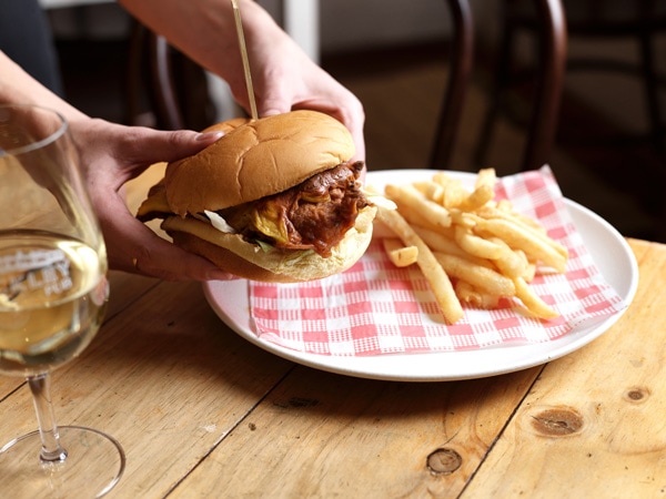a burger with fries at The Rockley Pub