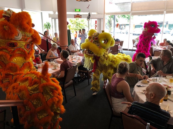 a dragon dance at Golden Boat Seafood Restaurant