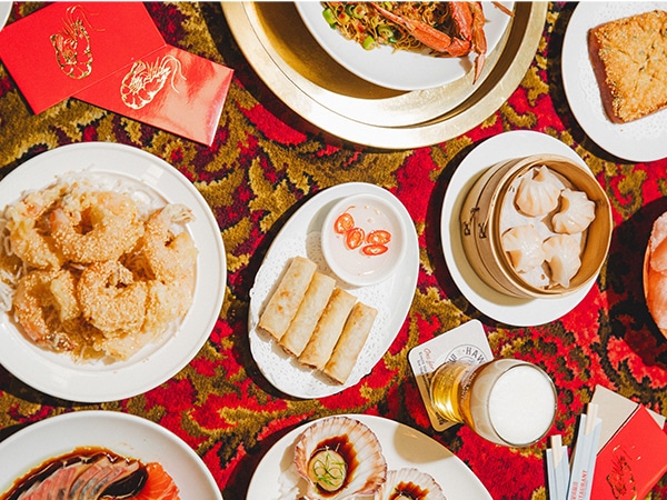 A banquet laid out on a table at the Lucky Prawn for Lunar New Year in Sydney