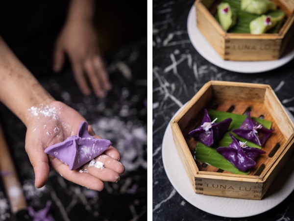 Making purple dumplings at Luna Lu