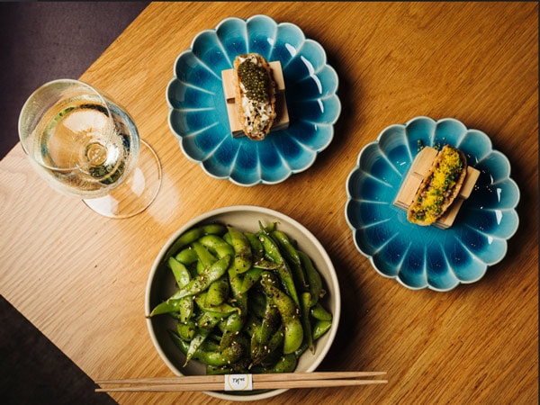 a table-top view of food at Saké Hamer Hall
