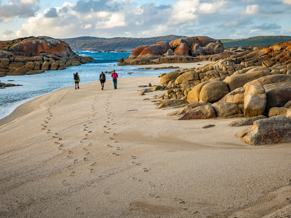 Walkers trek on pristine beaches that meet orange splattered granite boulders on Flinders Island