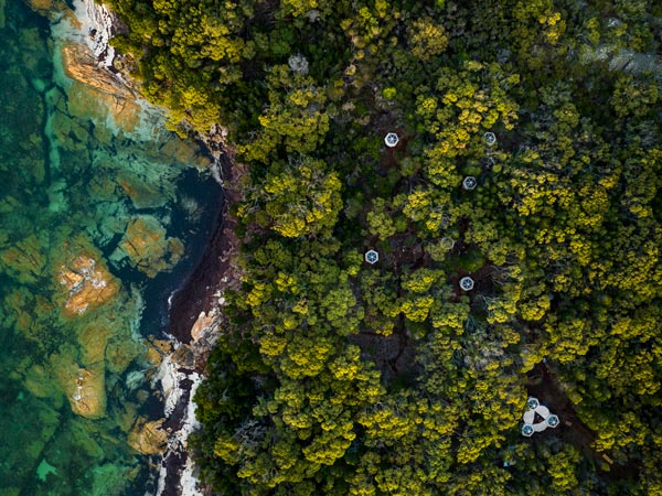 Aerial view of Flinders Island Walking Adventure eco camp in Tanners Bay