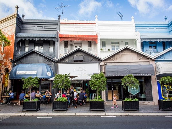 Cafes and shopfronts along the Five Ways, Paddington