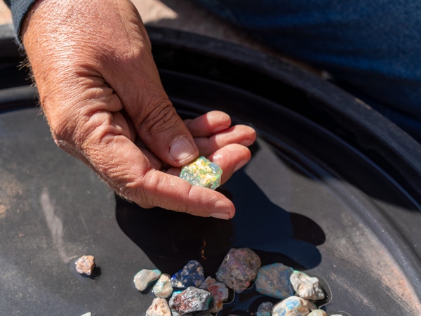 a hand holding opal stone from Lightning Ridge