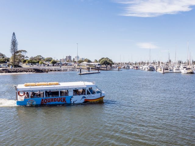 the Aquaduck Sunshine Coast hybrid vehicle touring the sea in Mooloolaba