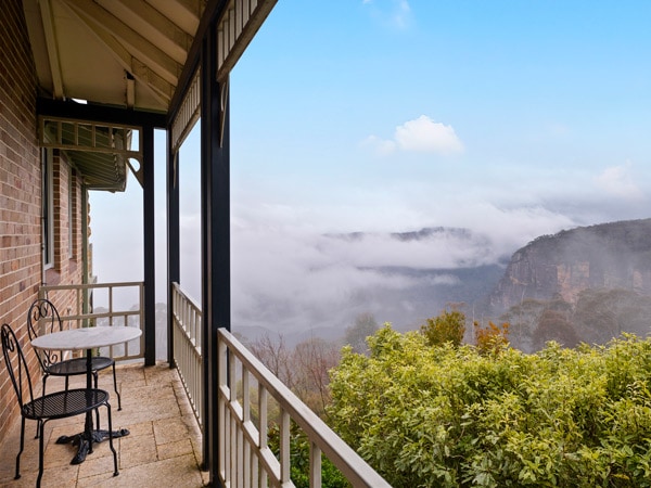 scenic views of the Blue Mountains from the Cliff View Room Balcony, Echoes Blue Mountains Boutique Hotel