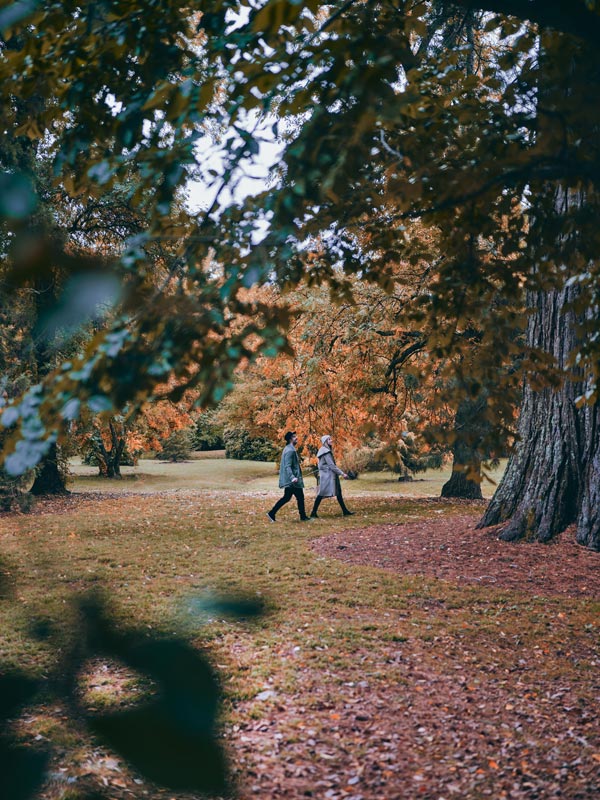 Couple walking through Malmsbury Viaduct park in Daylesford in autumn