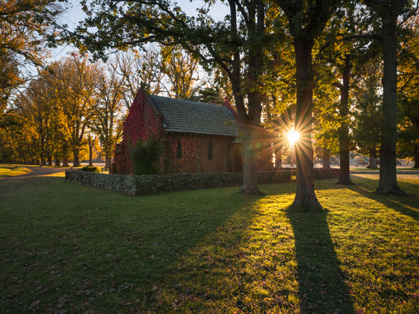 the historic Gostwyck Chapel at sunrise