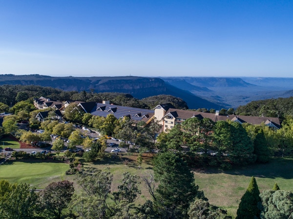 an aerial view looking over the Fairmont Resort in Leura and across the Jamison Valley