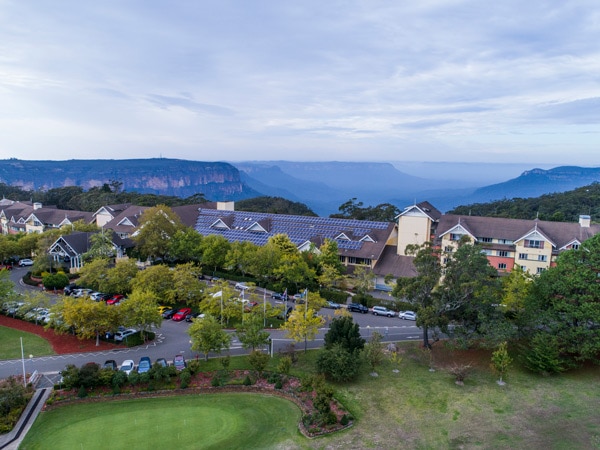 an aerial view of the Jamison Valley from Fairmont Resort in Leura