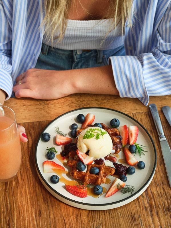 Waffles and fruit at Ripples Manly