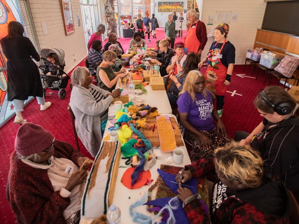 knitters gathering at the Beanie Festival