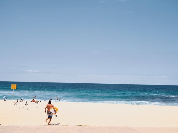 a surfer heading out to catch a wave at Bronte Beach, Sydney