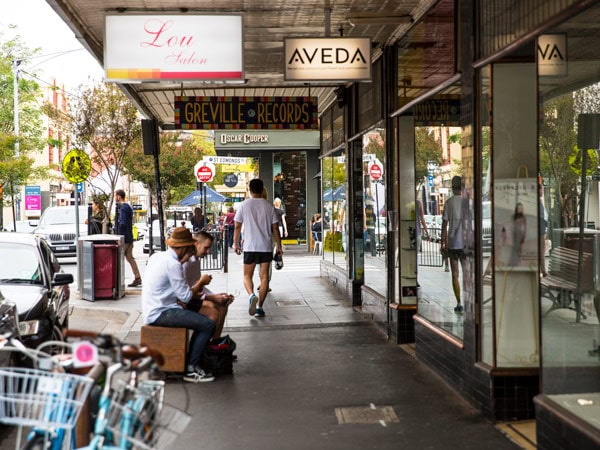 the exterior of Greville Records near boutique shops