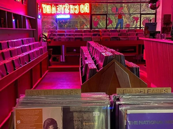 the vibrant interior of Rocksteady Records with vinyl on display