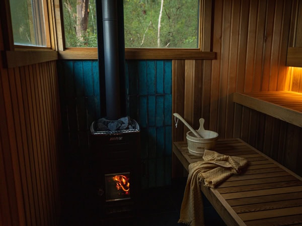 Inside the Finnish sauna at Little Valley Farm in the Hunter Valley
