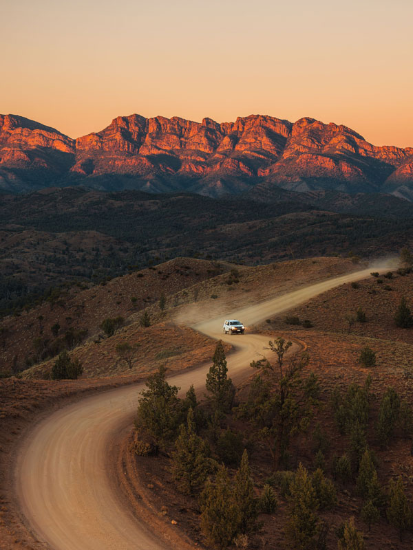 an aerial view of a 4WD driving along Flinders Ranges