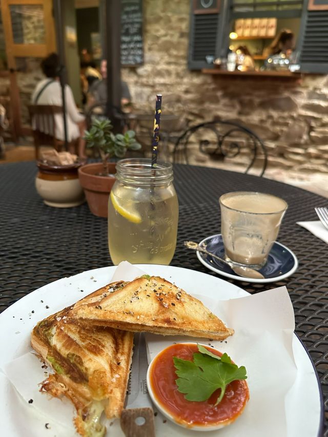 jaffle and coffee at Alby & Esthers cafe in mudgee