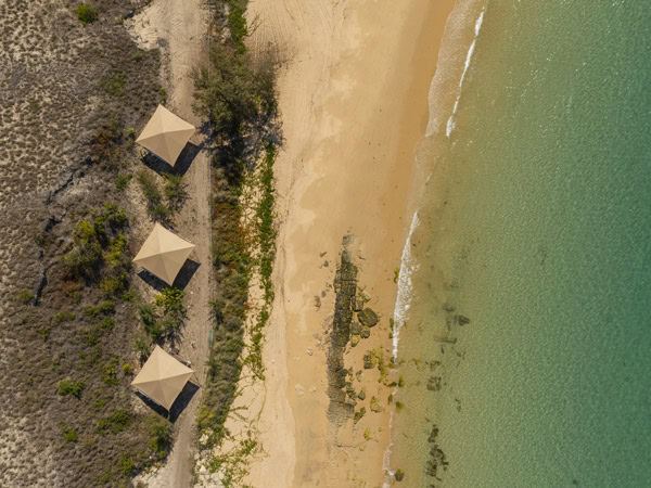 Aerial shot of Banubanu Beach Retreat in Arnhem Land