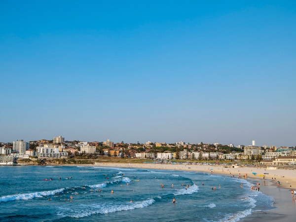 an aerial view of Bondi Beach on a sunny day