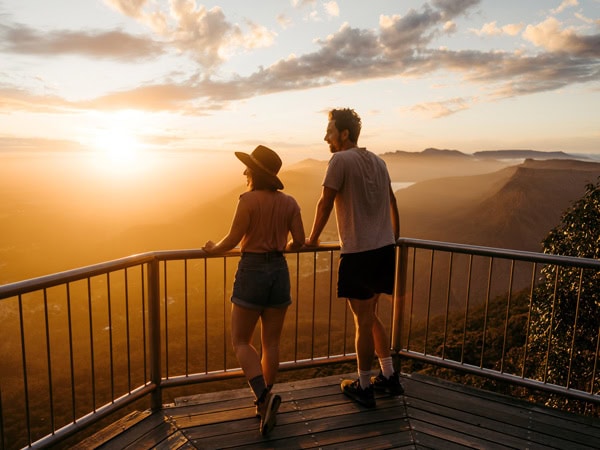 a couple viewing the sunrise from Boroka Lookout in Grampians National Park, Vic