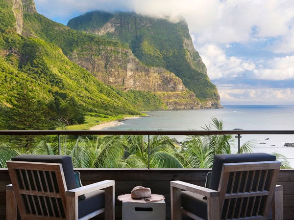 the balcony facing mountain and beach views at Capella Lodge, Lord Howe Island, NSW