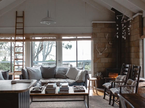 the living room interior of The Boathouse, Satellite Island, Tas