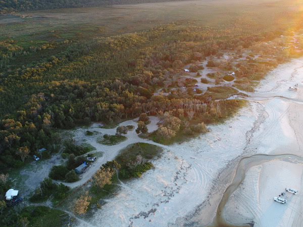 an aerial view of the camping site at Flinders Beach