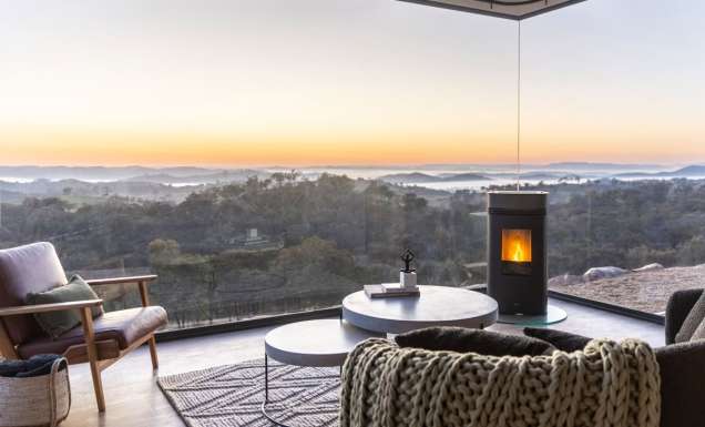 the accommodation interior with fireplace of Sierra Escape, Mudgee, NSW