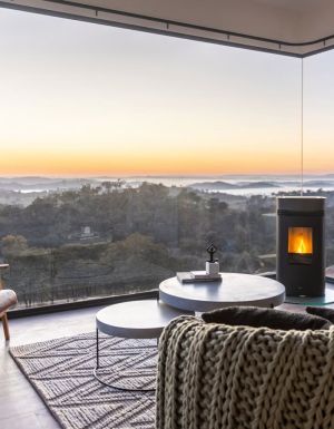 the accommodation interior with fireplace of Sierra Escape, Mudgee, NSW