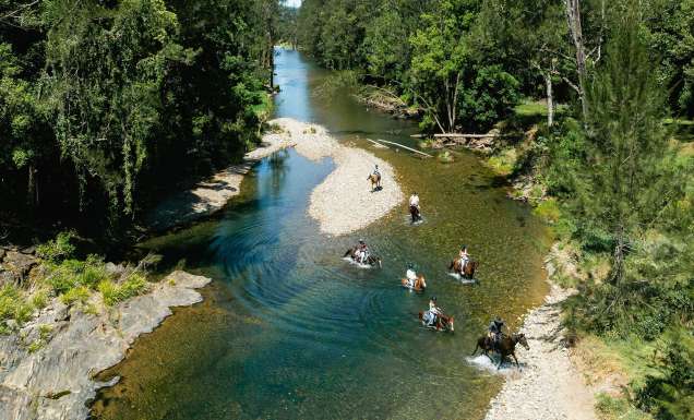 Family exploring the beautiful Orara Valley on a guided horseriding tour with HWH Stables