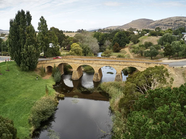an aerial view of the Richmond Bridge, Tas