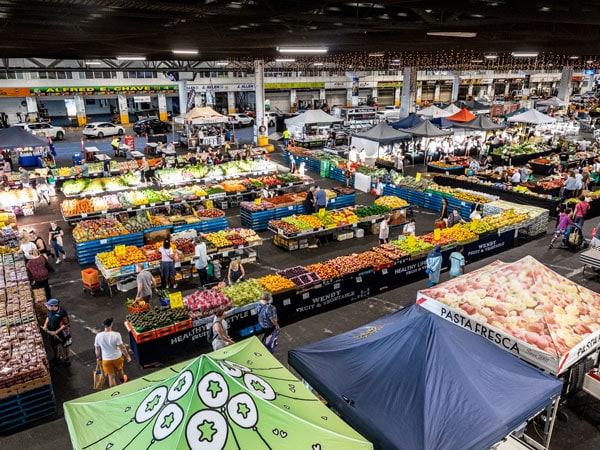 the fresh produce stalls inside Saturday Fresh Market, Brisbane