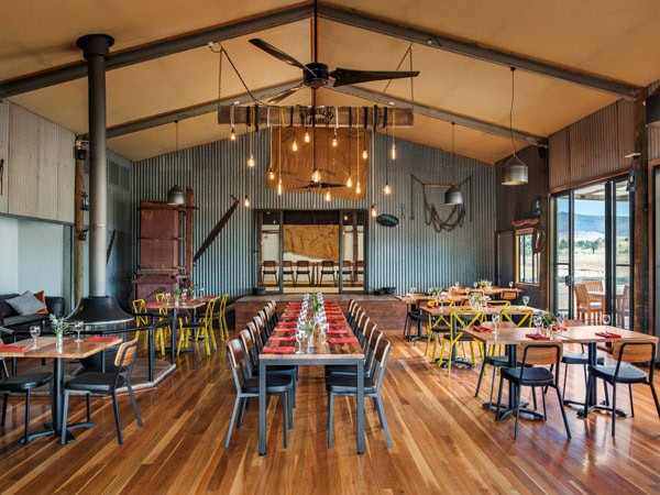 the rustic dining interior of Woolshed Restaurant, Rawnsley Park Station