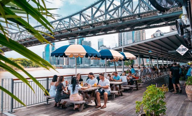 the al fresco seating of Felons Brewing Co. in Howard Smith Wharves
