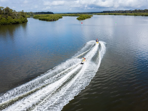 riding a jet ski at Moreton Bay, Bribie Island