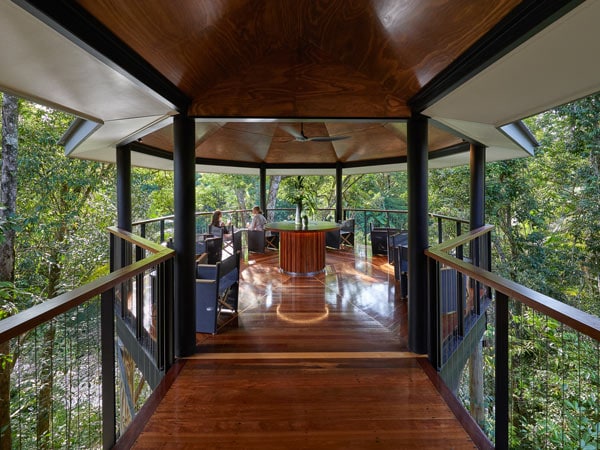 Two women sit in the Jungle Perch at Silky Oaks Lodge