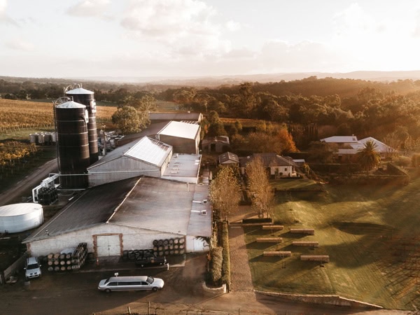 an aerial view of the winery and vineyard at Bird in Hand