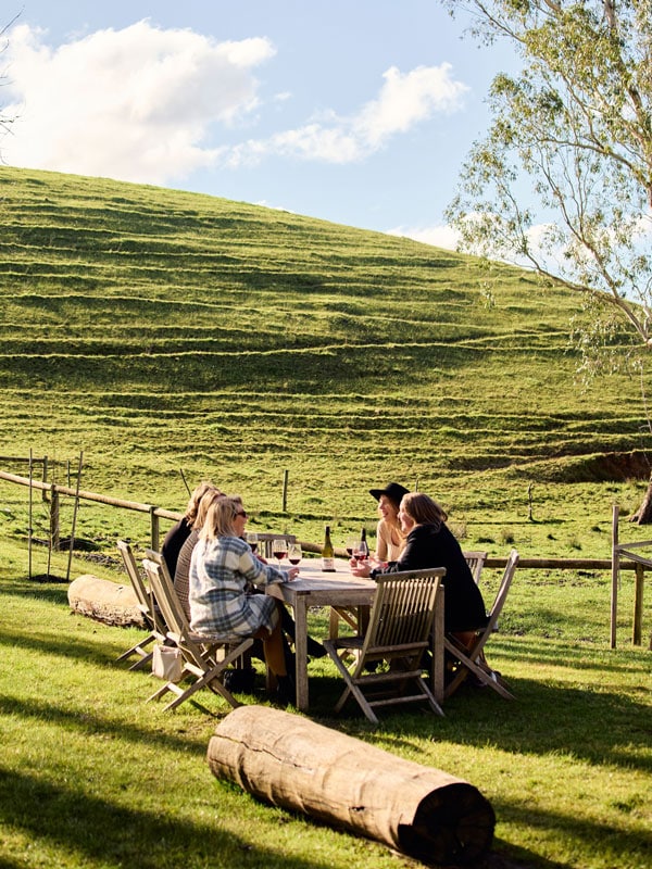 friends drinking wine in the al fresco area surrounded by lush greenery