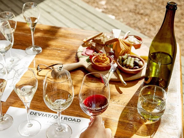 a wine tasting flight with a grazing platter at Deviation Road, Adelaide Hills