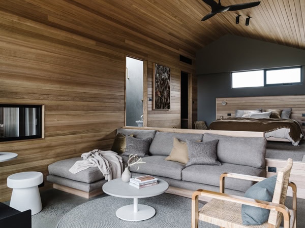 Bed and living areas of Five Acres Phillip Island in Victoria
