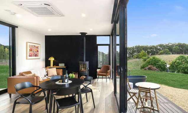 the interior of Espira Airbnb in Adelaide Hills with floor-to-ceiling windows