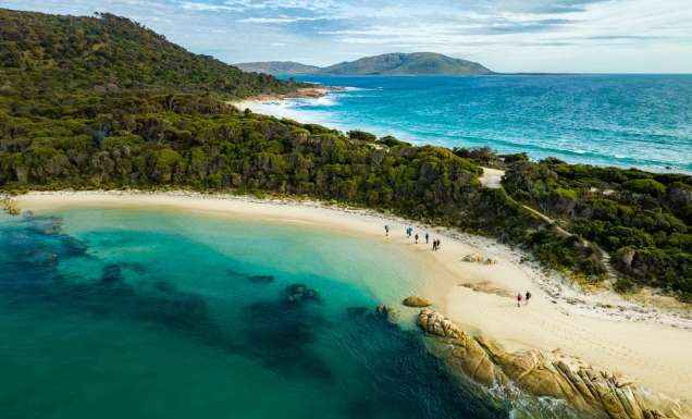 an aerial view of sapphire seas and lush greenery on Flinders Island