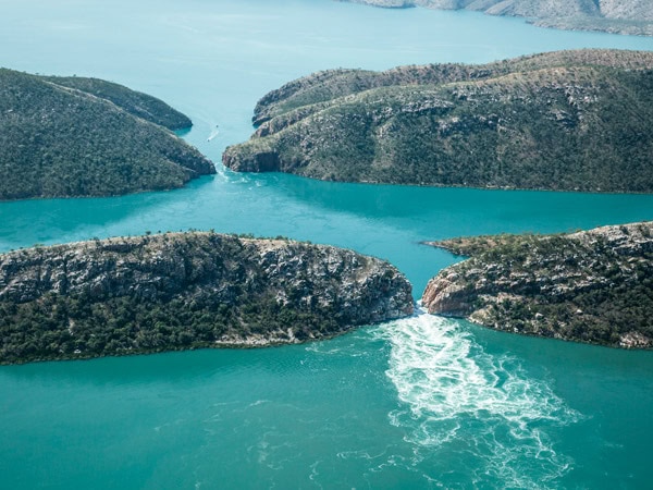 an aerial view of the surrounding islets and turquoise waters at Horizontal Falls