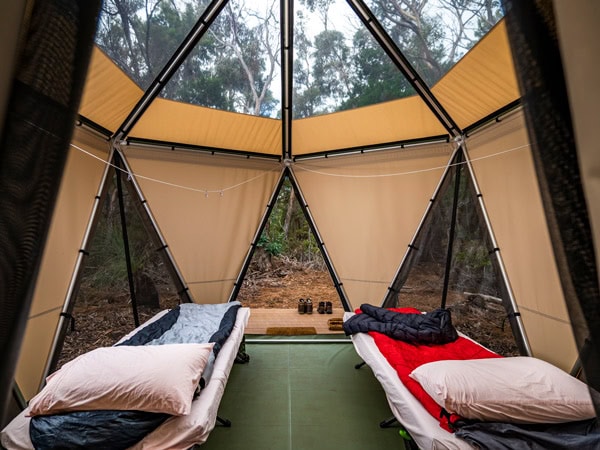 a look inside the tent at the Eco-Comfort Camp, Flinders Island