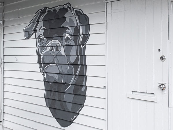 an illustration of a black pug near the door of Little Black Pug Cafe