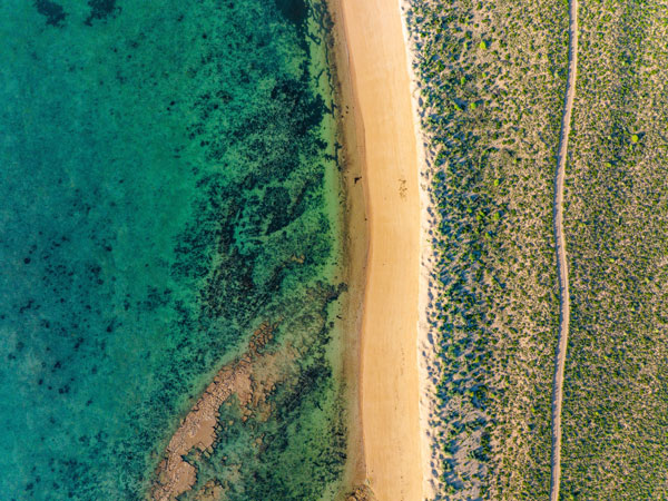 an aerial view of the desert and turquoise sea on Mackerel Islands